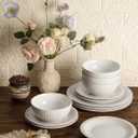 Famiware Garden 12-Piece Embossed Plates and Bowls Sets, Stoneware Reactive Glaze Dishes Dinnerware Set, Modern Rustic, Chip & Scratch Resistant, Microwave & Dishwasher Safe, Service for 4, White