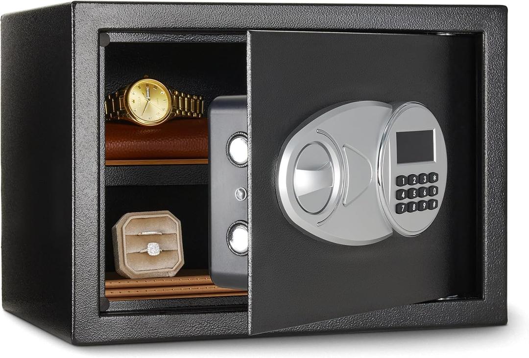 Amazon Basics Steel Security Safe and Lock Box with Electronic Keypad, Secure Documents Storage, Black, 0.5 Cubic Feet, 13.8"W x 9.8"D x 9.8"H, Removable Shelf