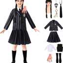 Kids Addams Costume Black Dress for Girls with Wigs Keychain Hand Halloween Cosplay Party Outfit (140)