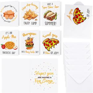 12 PCS Funny Camp Greeting Cards with Envelopes 6 Unique Food Themed Designs Eggs Chips Taco Pie Burger Pizza Summer Camp Greeting Cards for Office Family Holiday Encouragement Gifts