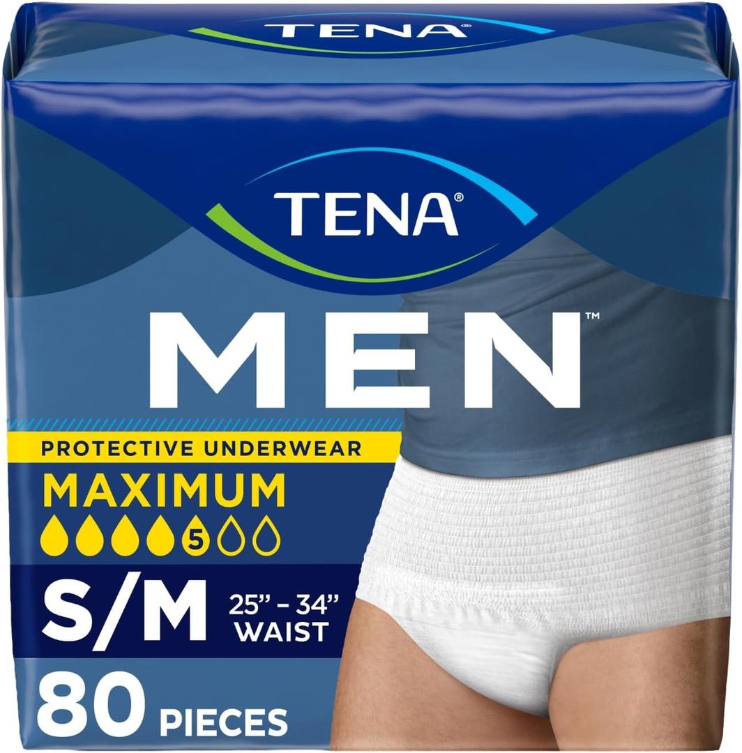 Tena Protective Adult Incontinence Underwear for Men, Maximum, S/M, 80 Count (Waist Size 25in34in)