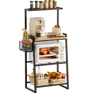 Anniper Bakers Rack with Foldable Basket, Large 4 Tiers Coffee Bar Station, Kitchen Microwave Stand with Storage, Metal Shelf Rack for Living Room, Office, Garage (Rustic Brown)