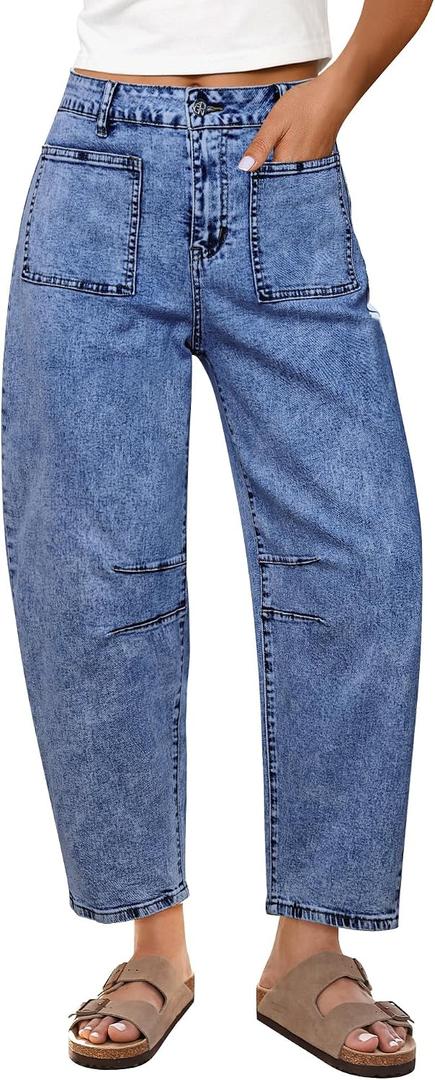 GRAPENT Barrel Jeans for Women Trendy Cropped High Waisted Patch Pocket Baggy Stretch Denim Pants Casual Wide Leg Jeans, Midnight Blue X-Large US Size 16-18