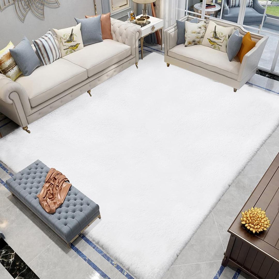 Latepis White Fluffy Rug 8x10 Faux Rabbit Fur Area Rugs for Living Room Washable Fuzzy Plush Shag Rug for Bedroom Large Shaggy Rugs for Nursery Home Decor