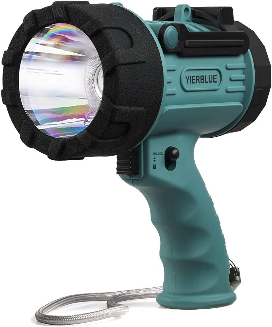 YIERBLUE Rechargeable Spotlight, Super Bright 90,000 High Lumen LED IP67 Waterproof Handheld Spotlight Long Lasting Large Flashlight Searchlight with Detachable Red Light Filter (Green)