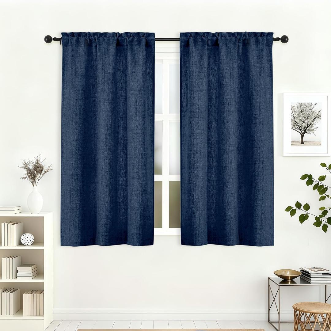 Lecloud Navy Blue Curtains 45 Inch Length 2 Pcs, Airy Privacy Light Filtering Window Decors Kitchen Curtains, Modern Aesthetic Soft Drapes with Rod Pockets for Bedroom Cafe, Each Panel 30" W x 45" L