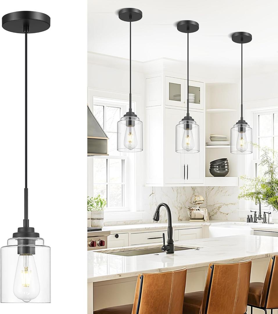 AUTELO Pendant Lights Kitchen Island, 1-Light Pendant Lights in Black Finish with Clear Glass, Industrial Pendant Light Fixtures, Black Hanging Lamp for Kitchen Island, Dining Room H7010 BK (1 Pack - 6.3 Inch)