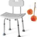 Medical king Shower Chair Set of 3 - Includes Back Scrubber & Additional Sponge - Anti Slip for Safety, with 8 Adjustable Heights Portable - Tool Free Shower Chair - Bath Chair for Elderly