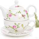 Coloch Tea for One Set, Porcelain Teapot Cup and Saucer Set with Tassel Vintage Floral Ceramic Tea Set for One for Women, Home, Office, Afternoon Tea, Rattan Flower Design