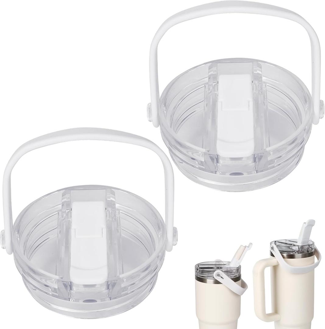 30oz and 20oz Flip Straw Lid for Stanley Quencher, Leak Proof Top Replacement with Detachable Handle for Stanley Quencher H2.0 and ProTour, BPA-Free No Spill Reusable Lids for 30oz&20oz, White*2