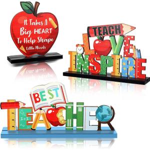 4pcs Back to School Decorations Table Wooden Centerpiece Welcome Back to School Party Decorations Tiered Tray Decor Table Toppers for Home Classroom Party Supplies