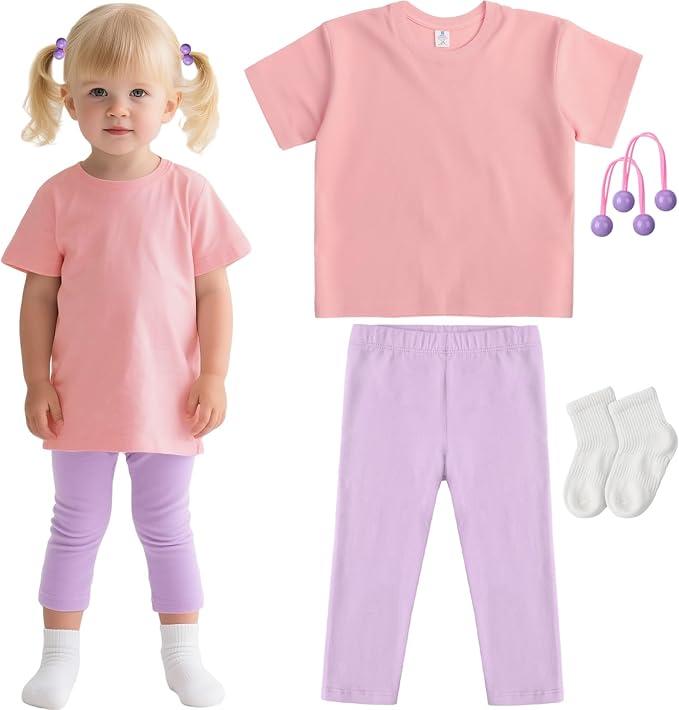 JenPen 4 Pcs Halloween Cartoon Costume Pink T-Shirt and Purple Leggings White Socks Purple Hair Ties Set for Girls Costume L