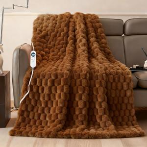 Eastsora Heated Blanket Throw 50" x 60" Soft Ribbed Faux Fur Flannel Fast Heating 12 Heat Levels 112H Timer & Overheat Protection & Auto Shut-Off & ETL FCC & Machine Washable Heated Throw (Camel)