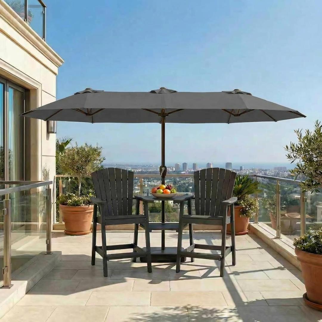 15FT Double Sided Patio Umbrella with Base Included, Double Sided Outdoor Market Umbrella with Flexible Fiberglass Ribs, UV-Blocking Extra Large Umbrella for Garden, Pool, Deck, Gray