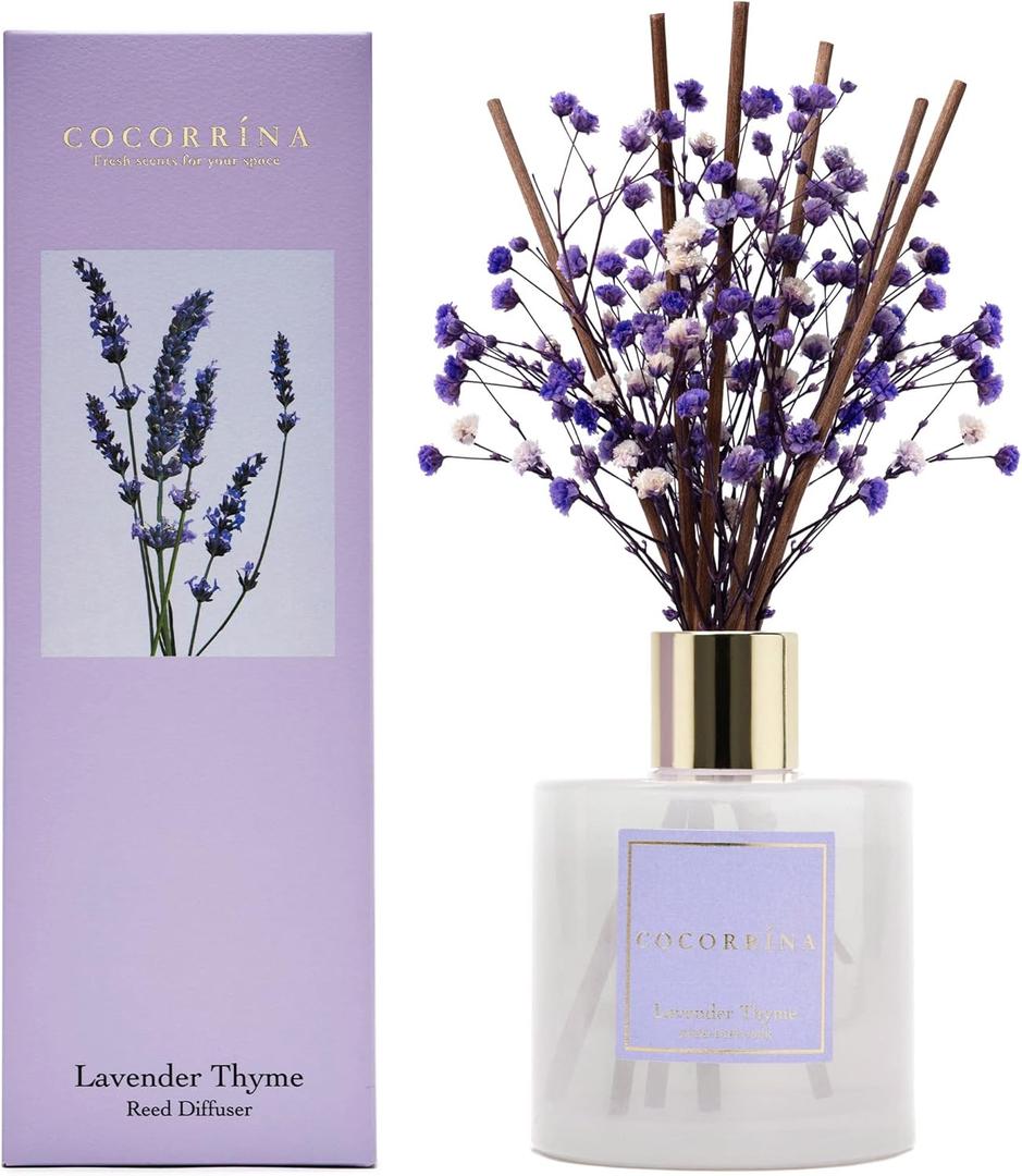 Cocorrna Premium Reed Diffuser Set with Preserved Baby's Breath & Cotton Stick Lavender Thyme | 6.7oz Scent Fragrance Lavender Oil Diffuser for Bedroom Bathroom Home Dcor (Flower/6.7 Ounce/1pack)