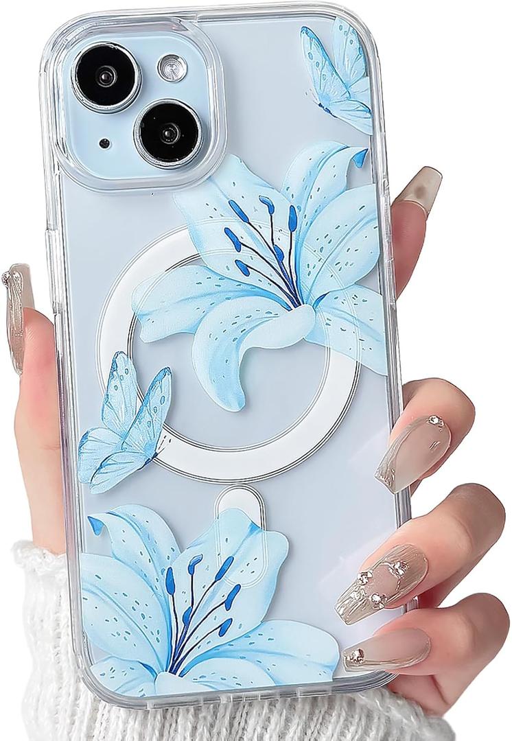 NITITOP Compatible with iPhone 15 Case Clear Magnetic Compatible with MagSafe Cute Lily Flowers Floral for Women Girls Hard PC Back Shockproof Protective Phone Cover - Blue