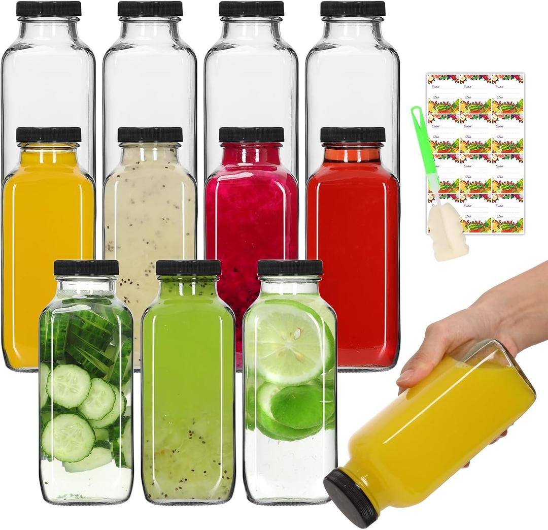 AuroTrends 12 oz Glass Bottles with Lids 9Pack, 360ml Glass Bottles for Juicing, Water, Kombucha - Portable Glass Juicing Bottles Reusable Glass 12oz (12fl.oz, Set of 9)