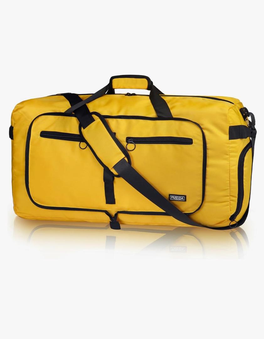 Fmeida 65L Duffle Bag with Shoes Compartment, Foldable Travel Duffel Bags for Men Women, Large Packable Travel Bag Water Repellent & Tear Resistant (Yellow)