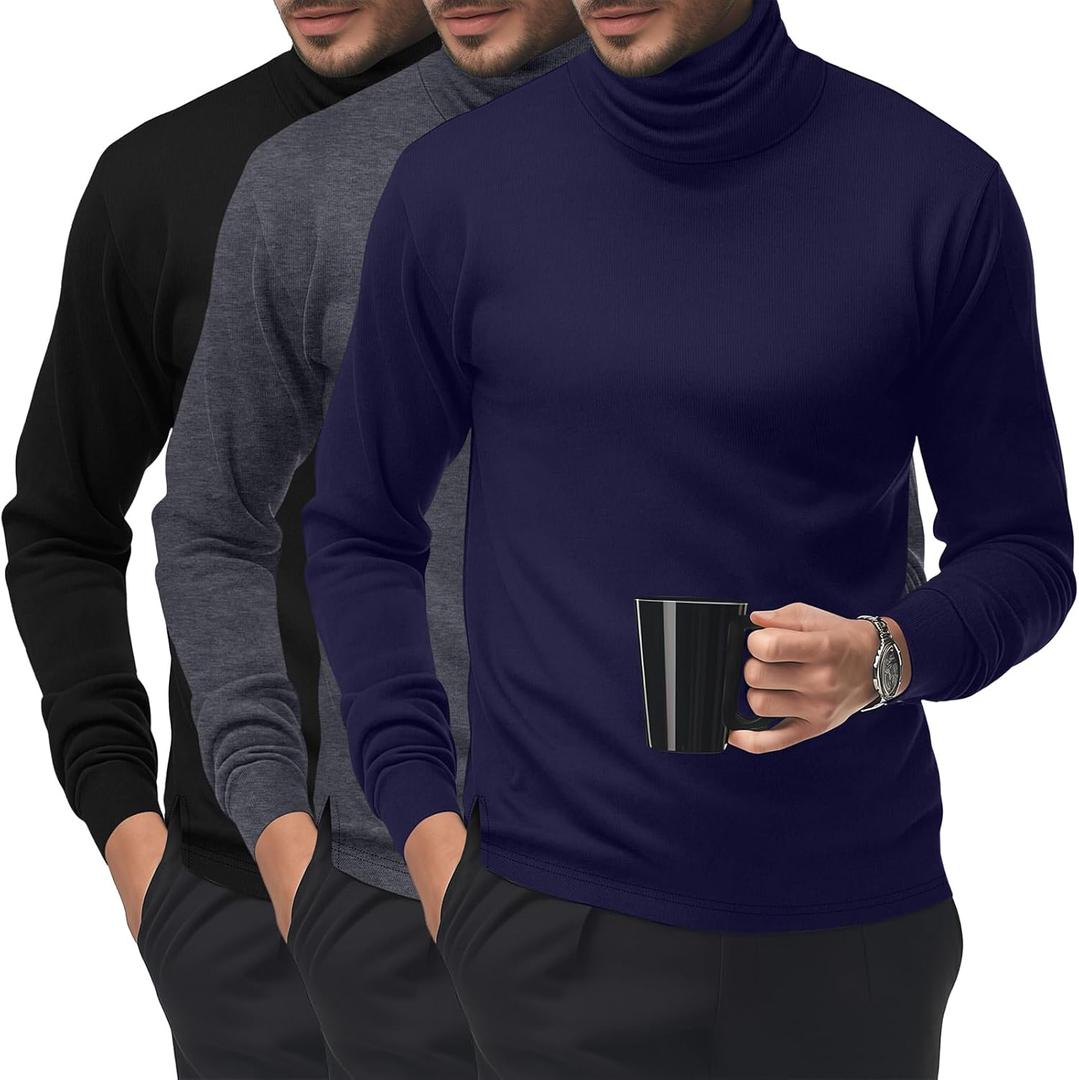 Riyiper Men's 3 Pcs Basic Turtleneck Knitted Long Sleeve Casual Fit Tops Fall Winter Pullover (Large, Black, Dark Grey, Navy Blue)