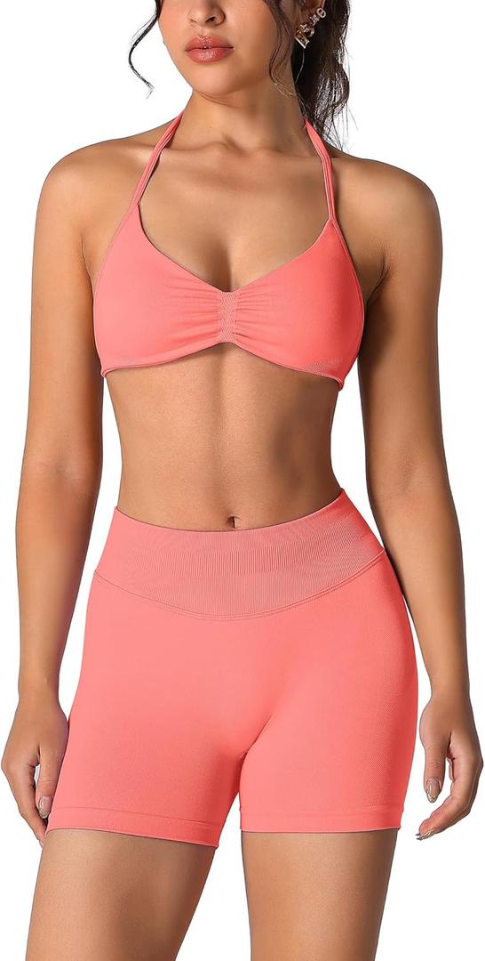 ABOCIW Womens Seamless Workout Sets 2 Piece Strappy Halter Sports Bra Scrunch Butt Shorts Gym Yoga Outfits (X-Small, #1 Coral)