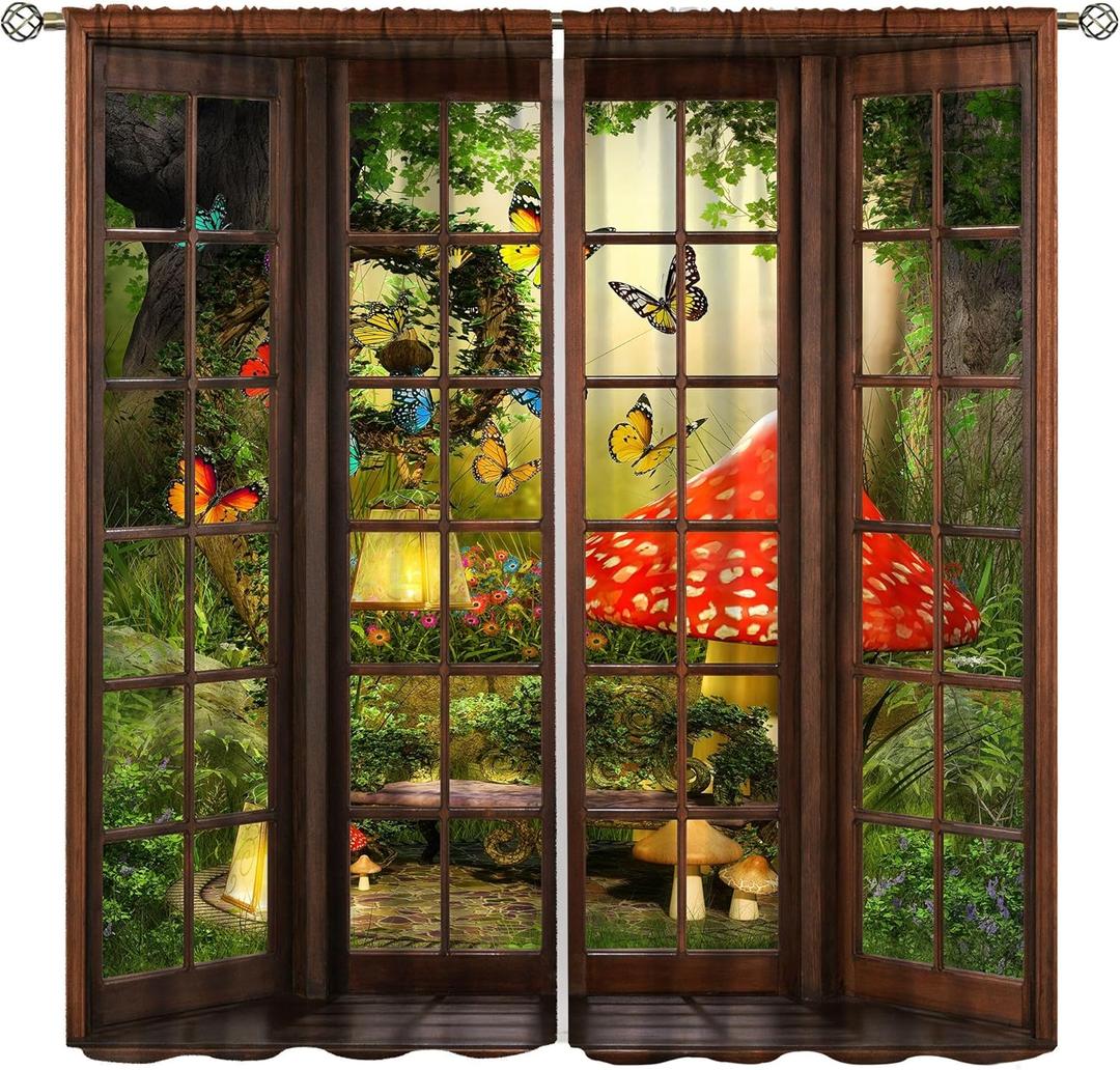 Forest Landscape Curtains for Bedroom,Fantasy 3D Magic Green Fairytale Forest Mushroom Butterfly Window Drapes Print for Kids Living Room 42x45in