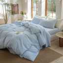 Striped Duvet Cover Set Queen Size 3 Piece 100% Washed Cotton Linen Feel Bedding Comfy Breathable Modern Farmhouse (Queen, Double Stripe-Light Blue/White)