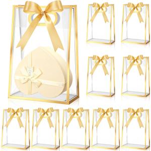 Aliceset 12 Pcs Clear Plastic Gift Bag with Die Cut Handles Graduation Reusable PP Flower Bag with Ribbon for Wedding Bridal Birthday Baby Shower Party Business, 7x10x3.15 Inch(Gold)