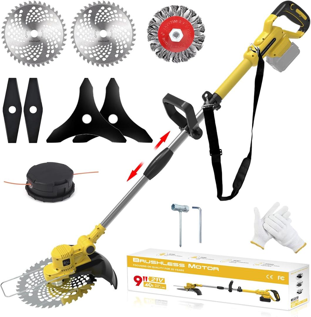 Cordless Weed Wacker for Dewalt 20V MAX Battery, 4-in-1 Electric Weed Eater, String Trimmer with 5 Blades, for Lawn, Yard and Bush Trimming (No Battery) (Yellow)