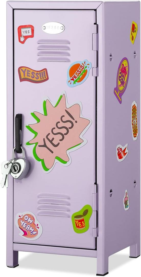 Vercraft Mini Locker with Lock Keys Stickers 10.8inch Small Storage Locker Desk Locker Metal Small Locker Miniature Storage Locker Functional Safe Metal Locker for Desktop Bedroom Home Office (Purple)