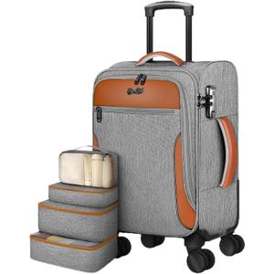 Carry On Luggage 22x14x9 Airline Approved, 20 Inch Softside Suitcase with 4 Pcs, Lightweight Luggage for Women Men with TSA Lock and 4 Spinner Wheels, Soft Side Carry-on Suitcases for Travel, Grey