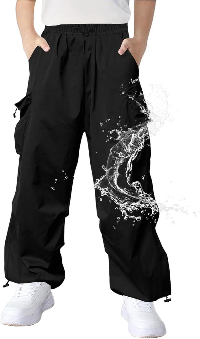 Boys Cargo Pants Waterproof Quick Drying Drawstring Hiking Pants 6-14 Years (11-12 Years, Blcak)