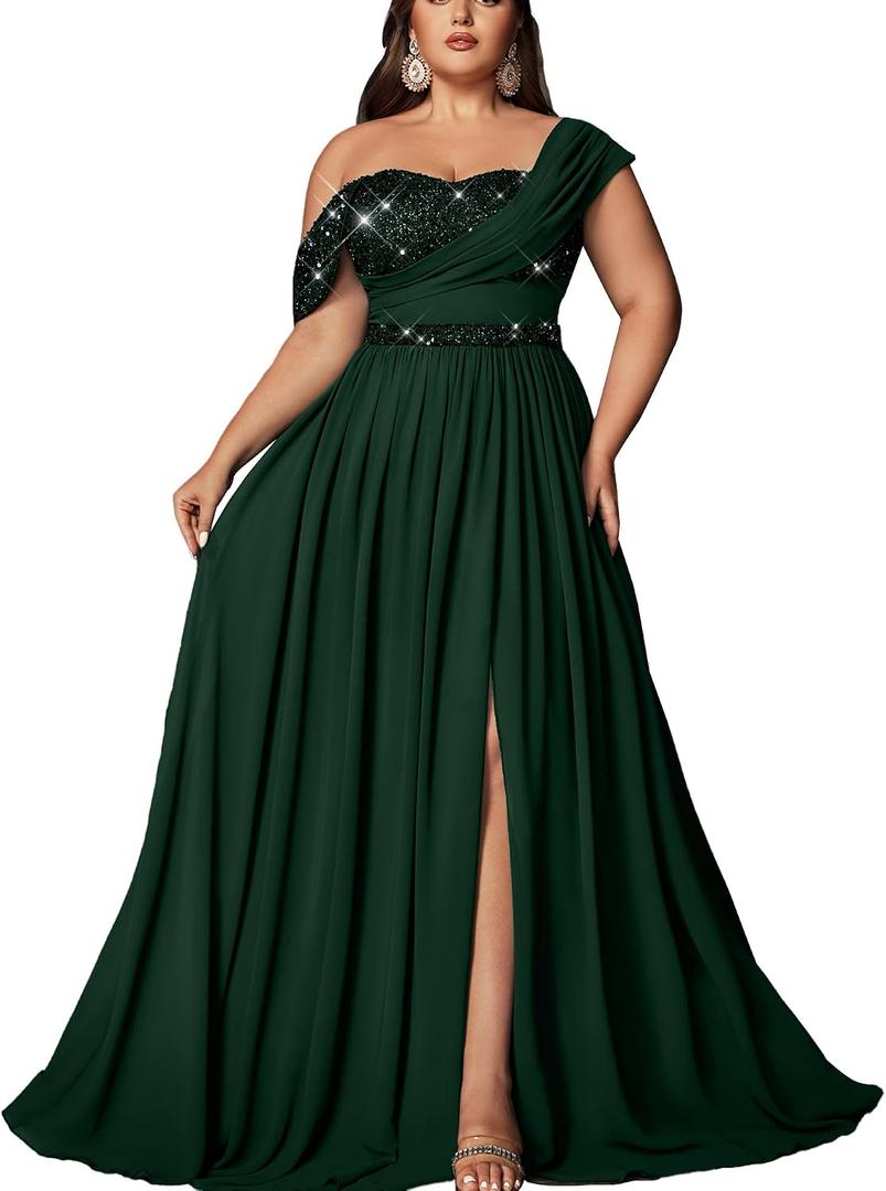 VOUIAO Women Plus Size Bridesmaid Dresses Sequin Summer Maxi Dress A Line Wedding Guest Prom Evening Party Cocktail Gown Dark Green XL