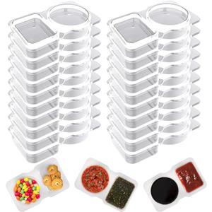 20-Pack Reusable 2-Compartment Snack and Sauce Containers, Portable Double Condiment Plastic Containers with Lids for Home, Lunch, Camping