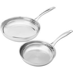 Amazon Basics 2-Piece Stainless Steel Induction Frying Pan Set, Oven Safe, Riveted Handle, Heat Distributes Evenly, 8-inch & 10-inch, Silver