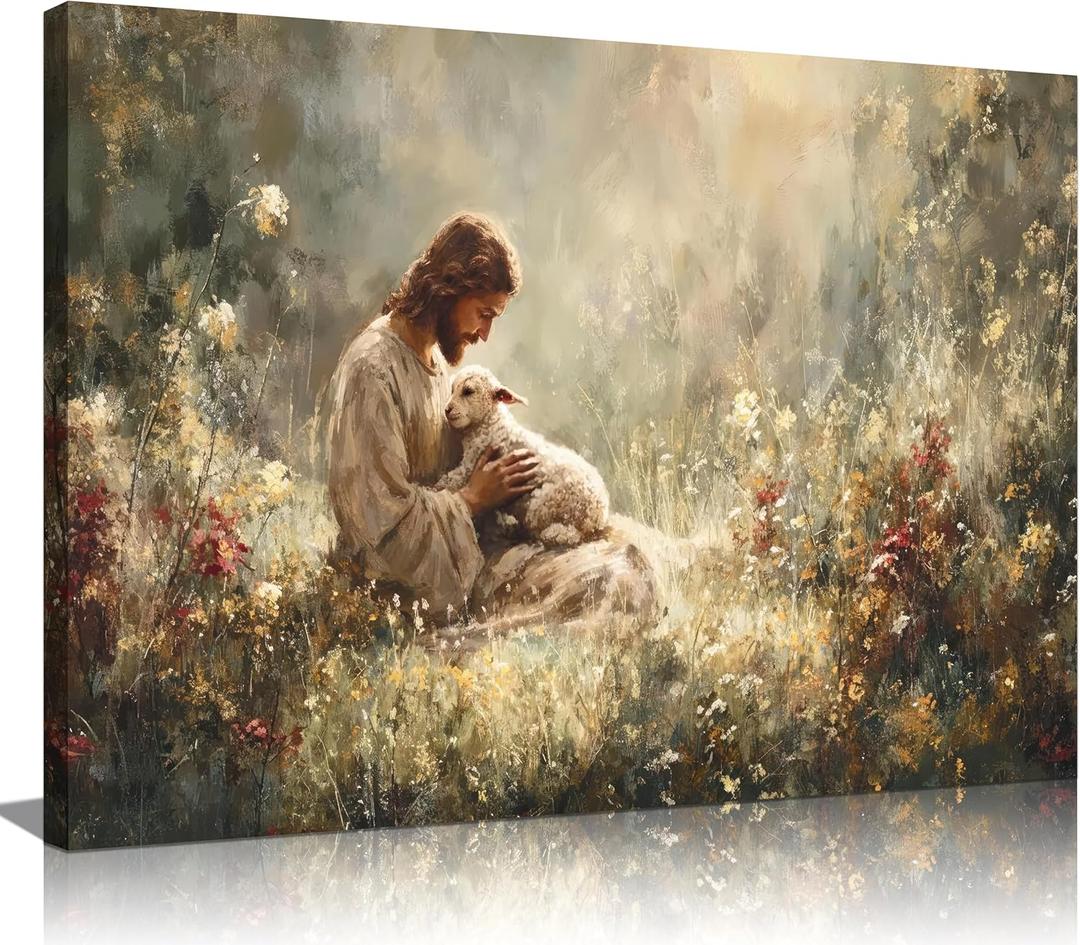 Jesus and Lamb Canvas Wall Art Jesus Holding The Lost Lamb Wall Decor Good Shepherd Poster God Leaves the 99 Sheep Pictures Christian Religious Painting for Living Room Church Prayer Room 24x16in (16x24in)