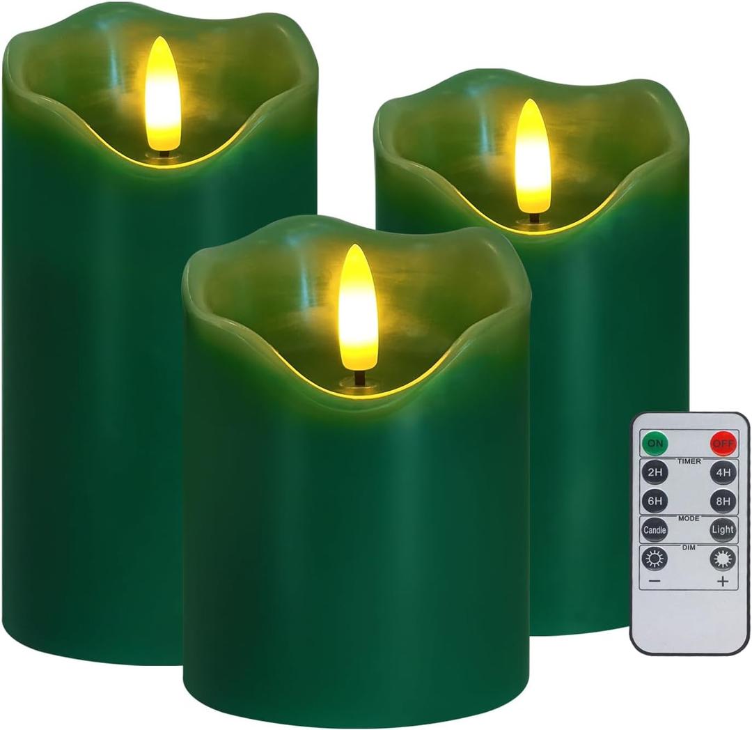 Flameless Candles Lights, Set of 3 Flickering LED Candles with Remote & Timer, Dimmable Electric Pillar Candles Battery Operated, Green Candles for Home St. Patricks Day Christmas Decor (Green)