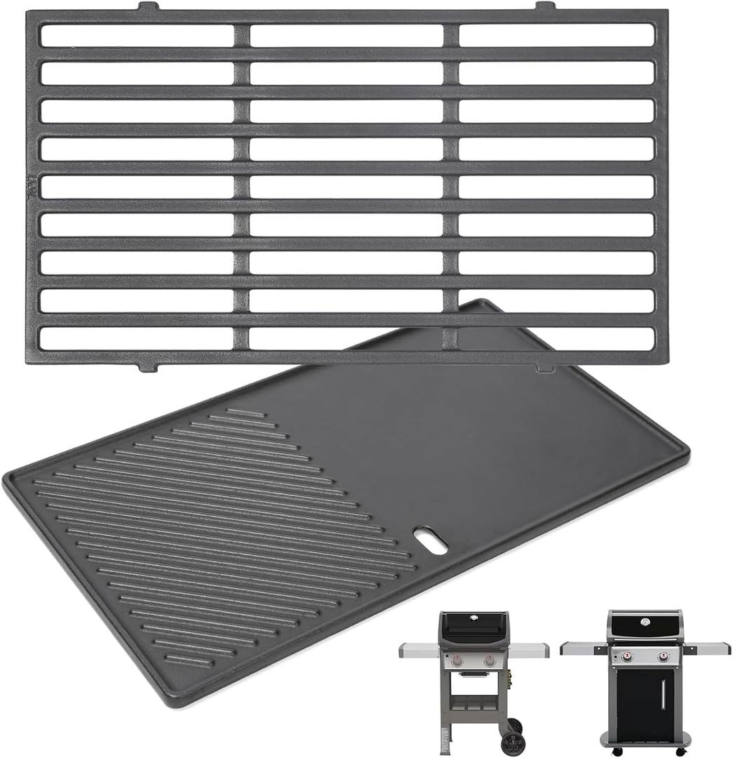 QuliMetal 7637 17.5 Inch Cast Iron Griddle Grates Replacement Part for Weber Spirit E210 E220 S210 S220 with Front Control, Upgraded Reversible Griddle Plate for Weber Spirit & Spirit II 200 Series