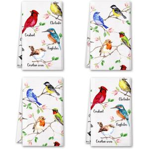 Vansolinne Birds Kitchen Towels Birds On Branch Dish Towels Set of 4 Cardinal Hummingbird Bluejay Absorbent Hand Towels Tea Towels Gifts for Bird Lovers Women for Cleaning Drying Cooking Baking
