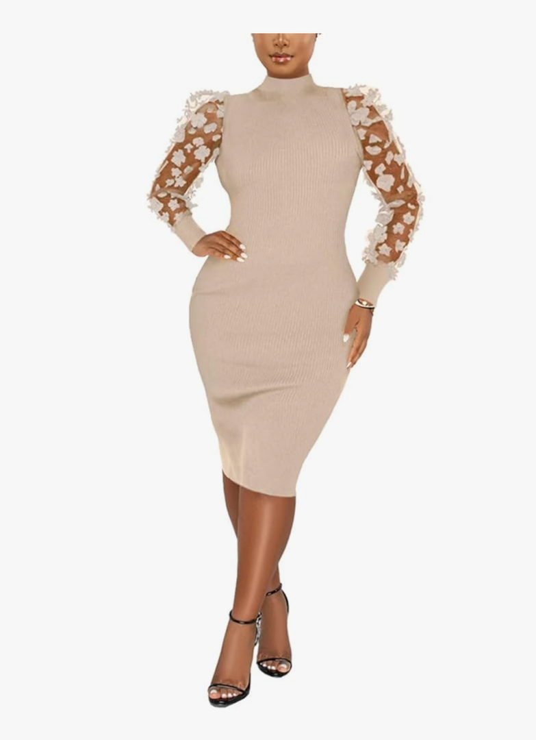 Annystore Women's Elegant Mock Neck Sheer Long Sleeve Mesh Bodycon Dress Ribbed Club Party Pencil Midi Dresses Clubwear, XL