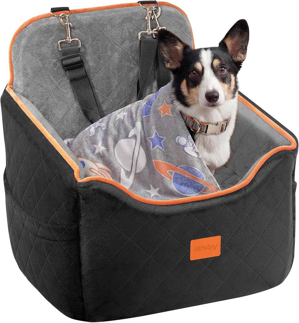 HiPetpy Dog Car Seat for Small Dog, Booster Seat for Dogs Under 30lb, 6" Elevated Pet Seat with Pockets, Anti-Slip Bed for Car, Perfect for Front & Back Seats with Safety Leash (Black/Grey, Medium)