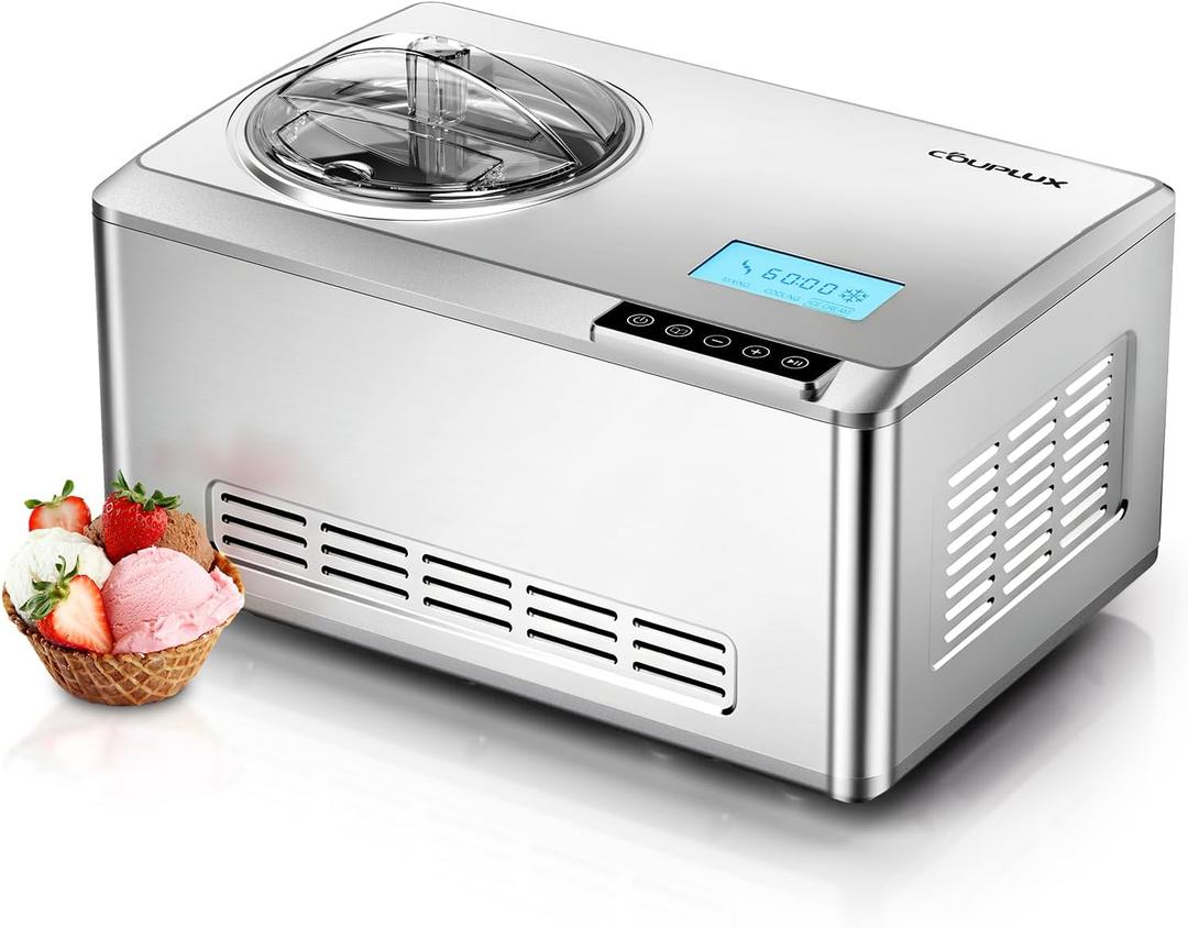 COUPLUX Fastest Freezing Ice Cream Maker, with Built-in Compressor 2.1QT | No Pre-freezing Automatic Ice Cream Machine, Easy Operate & Clean, Recipes Included, Stainless Steel, Low Noise, LCD Display