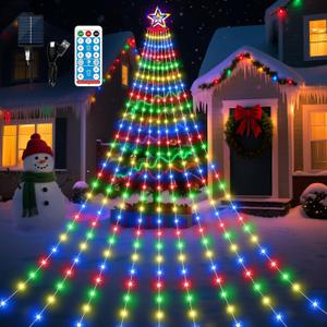 Solar Christmas Decorations Tree Lights Outdoor, 18.37ft 532LED Waterfall String Lights with 8 Modes Timer Remote Xmas Lights USB Powered for Garden Yard Patio Home Holiday Party Decor, Multicolor