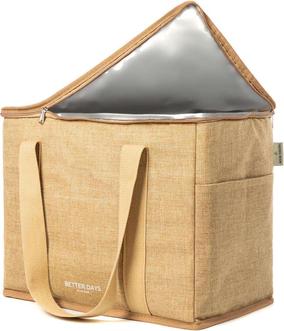 Nook Theory Reusable Insulated Grocery Bag - Leak Proof, X Large Cooler Bag - Insulated Shopping Bags for Groceries - Travel Cooler Bag for Frozen and Hot Food with Zippered Top (Jute)