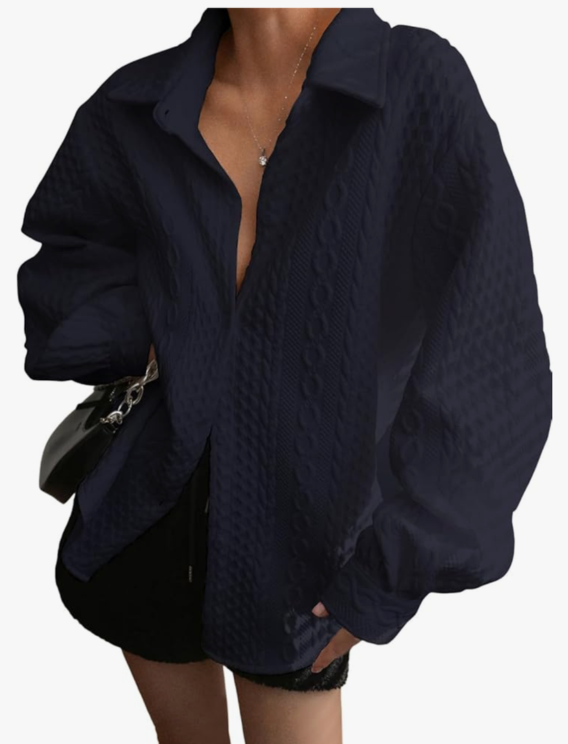 Fisoew Womens Oversized Button Down Shirts Textured Collared Long Sleeve Shacket Casual Fall Blouses Tops, Small