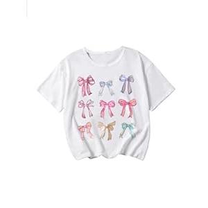 RoseSeek Girl's Bow Graphic Tees Crew Neck Short Sleeve Summer T Shirts Preppy Cute Clothes for Girls White with Bow 10Y