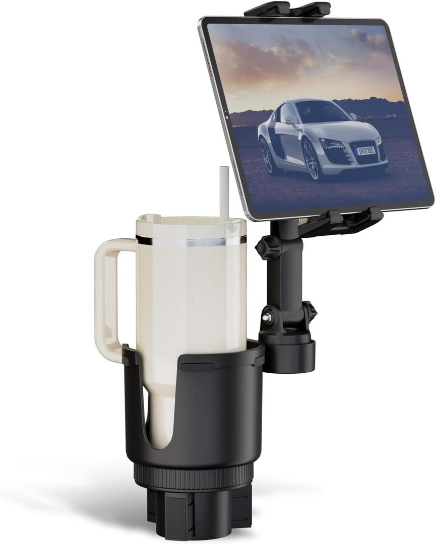 OHLPRO Tablet Cup Holder Car Mount with 3.9" Cupholder, 2-in-1 Retractable Arm Truck Stand for 5"-13" iPad Pro 12.9/Air/Mini 6/5, iPhone 17/16/15, Cell Phone, Road Trip Accessories