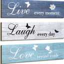 Jetec 3 Pieces Rustic Wood Sign Wall Decor Live Love Blessed Family and Love Quote Sign Farmhouse Wall Mount Decoration for Home Kitchen Living Room, 12 x 3 x 0.2 Inch(Blue Series,Classic)