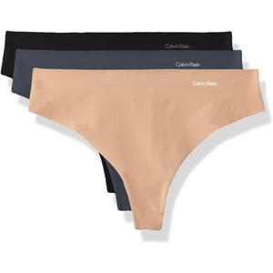 Calvin Klein Women's Invisibles Seamless Thong Panties, 3 Pack, Speakeasy/Light Caramel/Black, Medium