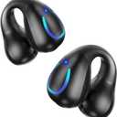 Open Ear Bone Conduction Headphones Bluetooth 5.3 Clip On Earbuds with Digital Display Charging Case 60 Hours Playtime Sport Earphones Built-in Mic IPX7 Waterproof for Running Fitness Black (Q71A)