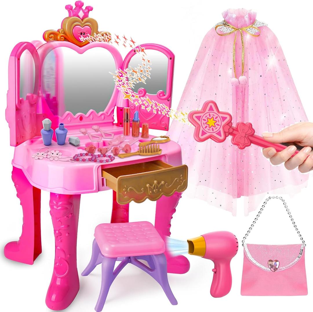 AugToy Toddler Vanity Magic Makeup Set Table and Chair Girl Toy Automatically Mirror with Music Light Pink Toys Girls Hair Salon Pretend Play Princess Dress Up Playset Gift Toddler